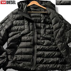 極美品/XLサイズ相当●現行タグ DIESEL ディーゼル ダウンジャケット ジップ フード ナイロン 高機能中綿 3M社製 DSLロゴ 自宅洗濯可◎ 黒