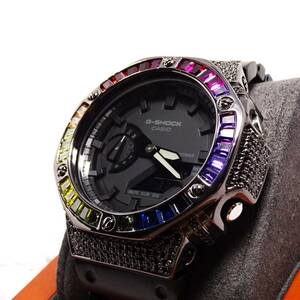 〓送料無料〓新品〓Gショック・CUSTOM・MADE腕時計本体付GA2100・ブラック・レインボージルコニアベゼル・フルステンレス製モデル