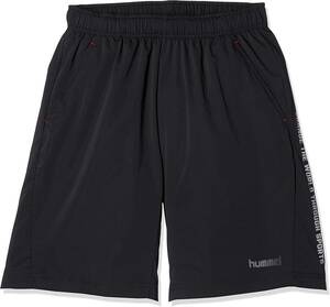 【KCM】Z-hummel-104-160★展示品★【hummel】ジュニア ウーブンハーフパンツ　サッカーウェア　HJP2065　ブラック×レッド　サイズ 160