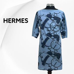 高級 HERMES エルメス 2020年モデル コットン 総柄 スカーフ柄 ワンピース