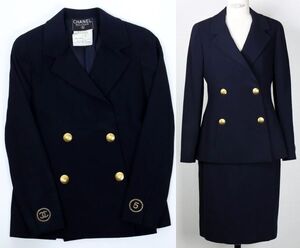 CHANEL WOOL JACKET SKIRT SUIT size 36 シャネル ココマーク 金ボタン ロゴ No.5 ワッペン ジャケット スカート スーツ b8835