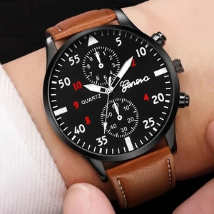 2566998474 1pc メンズシンプルな 3 目デジタルクォーツ腕時計 Brown Leather Watch、ギフトに最適