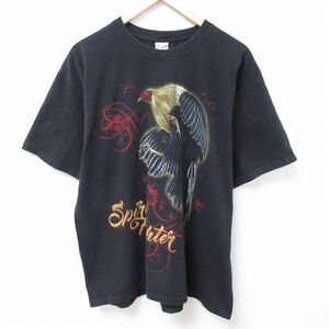 XL/古着 半袖 Tシャツ メンズ 鳥 大きいサイズ コットン クルーネック 黒 ブラック 24feb13 中古