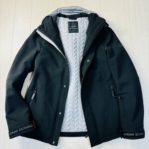 美品/M-L相当★アルマーニ/ARMANI EXCHANGE 袖口ドットロゴ パディング フーデット ジャケット ジップ ブルゾン パーカー 伸縮性 メンズ 黒