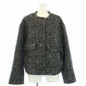 B&Y ユナイテッドアローズ ビューティー&ユース 24SS ツイードフリンジ ジャケット ノーカラー S 黒 白 1622-105-1089 レディース