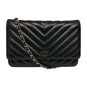 シャネル CHANEL Vステッチ チェーンウォレット A33814 ブラック ゴールド金具 ラム ウォレットチェーン レディース 中古