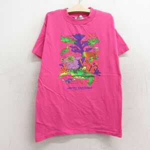 【50%OFF】古着 半袖 ビンテージ Tシャツ キッズ ボーイズ 子供服 90s カメ 魚 ノースカロライナ コットン クルーネック 濃ピンク 23se 5OF