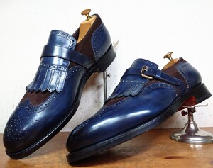 【試し履きのみ/送料無料】ITALY製 Santoni/サントーニ ウィングチップ ストラップローファー UK8 27cm相応 紺 茶/magnanni ブランキーニ