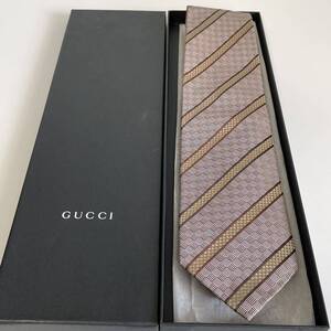 グッチ（GUCCI） グレー茶編み込みストライプネクタイ