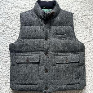 ハリスツイード ★極希少 4Lサイズ★ ダウン ベスト ヘリンボーン Kent ケント Harris Tweed 灰色 グレー 3XL メンズ 肉厚 ロゴボタン