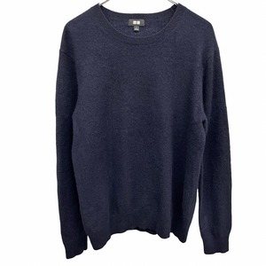 ユニクロ UNIQLO 薄手 ニット セーター 無地 長袖 スリムフィット 丸首 プルオーバー ロングスリーブ カシミヤ100% L ネイビー 紺 メンズ