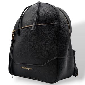 【未使用級 極上品】Salvatore Ferragamo サルヴァトーレ フェラガモ ガンチーニ レザー 本革 リュック バッグパック デイパック 黒 しぼ革