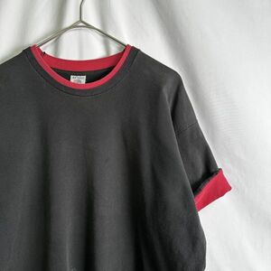 90s USA製 FRUIT OF THE LOOM アーム ダブルフェイス Tシャツ XL ブラック レッド ツートン シングル フルーツオブザルーム 80s ビンテージ