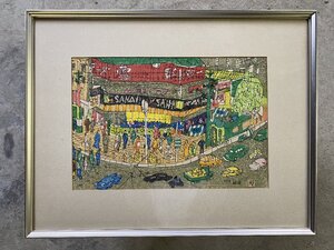 真作！現代の浮世絵師 門脇 俊一 作　木版画「1959　銀座」ガラス額装品▼鬼才・土と庶民の画家