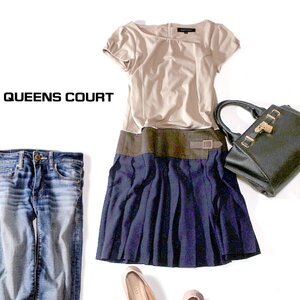 ☆☆ 美品 QUEENS COURT クイーンズコート ☆☆ ジャージー切り替え ジョーゼット生地 ワンピース 0号 XS 春 夏 23C07