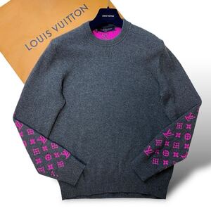 極美品 希少L◎Louis Vuitton ルイヴィトン カシミヤ100% ハーフアンドハーフ ネオン モノグラム ニット セーター ブルゾン ピンク グレー