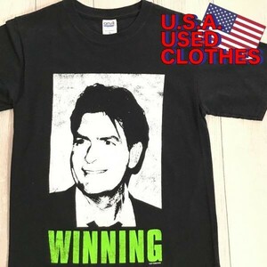 ★USA直輸入★美品★[anvil アンビル]2011 Charlie Sheen BIGプリント 半袖 Tシャツ[海外 S]黒 チャーリーシーン ハリウッド 映画 K2-143