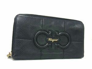 1円 ■美品■ Salvatore Ferragamo フェラガモ ダブルガンチーニ レザー ラウンドファスナー 長財布 ウォレット ブラック系 BG9546