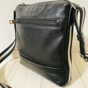 ★美品★ BALLY バリー ショルダーバッグ 斜め掛け クロスボディ ブラック BK 黒 本革 オールレザー 牛革 白黒 ストライプ 