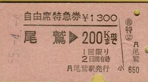 ◎ 尾鷲 【乗車券】＆ 自由席特急券 【尾鷲 → 200Ｋまで】Ｓ55.4.4 尾鷲駅 発行　(ペアの乗車券：尾鷲から 名古屋駅） 