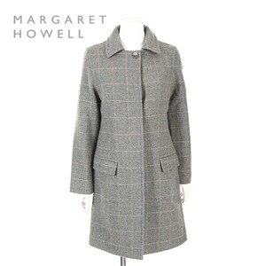 A5661/美品 秋冬 MARGARET HOWELL マーガレットハウエル ウール アルパカ チェック ツイード ロング ステンカラーコート 2 灰色/レディース