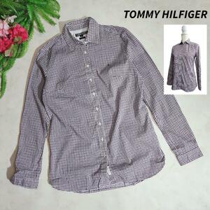 TOMMY HILFIGER 千鳥格子・ストレッチ長袖シャツ 総柄 赤紫 ダークネイビー 白 83270