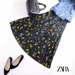 美品 ザラ トラファルク ZARA Trafaluc 春 夏 ミモレ丈 花柄 フラワー シフォン プリーツ フレアスカート ロングスカート S ブラック 黒