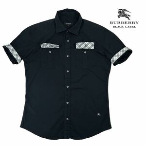 極美品 BURBERRY BLACK LABEL バーバリーブラックレーベル 半袖シャツ サイズ2/M 黒 裏地ノバチェック柄切替 ホース刺繍 希少 春夏 230314