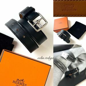 【E1041】新品同様！HERMES エルメス《最高級！ドゥブルトゥール！》エトリヴィエール 二重 ダブル レザー ブレスレット 黒 入手困難稀少品