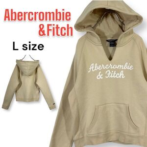 Abercrombie&Fitch アバクロンビー＆フィッチ プリントロゴ 裏起毛 スウェット プルオーバー パーカー Lサイズ ベージュ