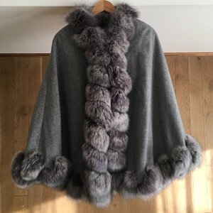 極美品　BALMAINカシミヤ100％ フォックスファートリミングケープ　ポンチョ バルマン