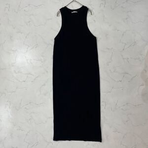 美品 ZARA ザラ ワントーン リブ ストレッチ ノースリーブ ロング ワンピース ブラック M