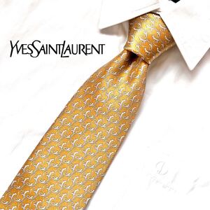 美品 Yves Saint Laurent イヴ・サンローラン ネクタイ シルク 絹 パターン柄 イエロー ビジネス フォーマル ブランドネクタイ 高級感