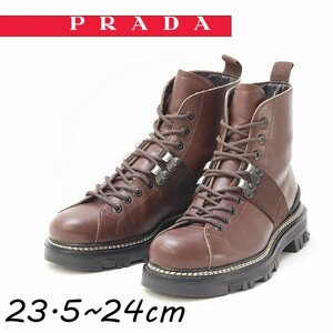 ◆PRADA SPORT プラダ スポーツ レザー レースアップ マウンテン トレッキング ブーツ 茶色 ブラウン 37 1/2