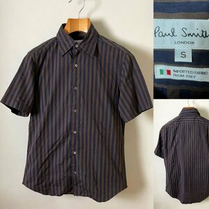 ★【送料無料 日本製 イタリア製ファブリック】Paul Smith LONDON（ポールスミス ロンドン）ストライプ柄 シャツ 半袖 S ネイビー ブラウン