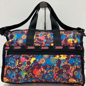 □47−2643 良品 LeSportsac レスポートサック レディース ボストンバッグ 2way ショルダーバッグ 紫系 パープル系 花柄 鳥柄 軽量 旅行用