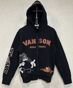 ＊バンソン VANSON×トムとジェリー TOM&JERRY 刺繍 袖 フード ロゴ スウェット ジップアップ パーカー M　　　　 BJBD.C