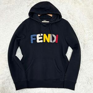 ●美品●FENDI フェンディ レインボーロゴ パーカー プルオーバー ブルゾン 上着 アウター フード コットン メンズ 48 Mサイズ 黒 ブラック