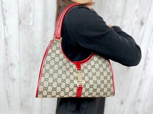 極美品 GUCCI グッチ ジャッキー GGキャンバス ハンドバッグ ショルダーバッグ バッグ キャンバス×レザー ベージュ×赤 78063Y