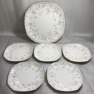 NARUMI BONE CHINA/ナルミ ボーン チャイナ ケーキ デザートプレート 大皿 1枚 中皿 5枚 花柄 金縁 洋食器 長期保管品