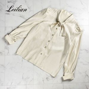 美品 Leilian レリアン シルク100% シングルリボンブラウス 総柄 長袖 トップス レディース ベージュ サイズ7*QC1213