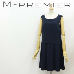 ◆M-PREMIER エムプルミエ 切替 タック フレア ノースリーブ ワンピース 紺 ネイビー 38