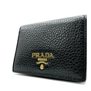 【美品】PRADA プラダ　折財布　ブラック　レザー　ゴールドロゴ