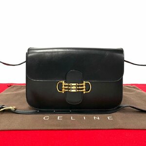 ほぼ 未使用 CELINE セリーヌ ヴィンテージ ホースビット ロゴ 金具 カーフ レザー 本革 ミニ ショルダーバッグ ポシェット ブラック 27042