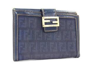 1円 FENDI フェンディ ズッカ柄 ズッキーノ キャンバス×レザー 二つ折り 財布 札入れ 小銭入れ カード入れ レディース ネイビー系 BI8867