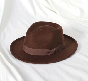 ダークブラウン　ボルサリーノ風ハット　帽子　つまみ　サイズL：57〜59cm　ポリ+綿 ハット ボルサリーノ 帽子 フェルトハット
