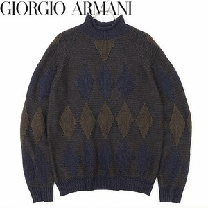 ◆GIORGIO ARMANI LE COLLEZIONI ジョルジオ アルマーニ コレッツォーニ ダイヤ柄 ハイネック ニット セーター ネイビー×ブラウン L