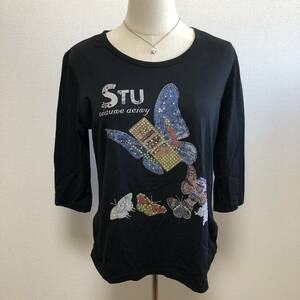 WS0538 レア レディース Tシャツ 七分袖 カジュアル ブラック（黒） ビジュー 柔らかい USED キラキラ　昆虫　蛾デザイン