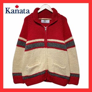 ★カナダ製★ 美品 Kanata カナタ ウール 100% 肉厚 ボーダー ライン フルジップ カウチン ラグラン ニット セーター ジャケット 赤