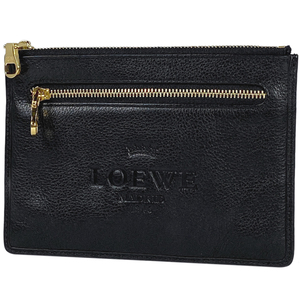 ロエベ LOEWE ロゴ ミニ ポーチ 小物入れ アクセサリーポーチ レザー ブラック レディース 【中古】